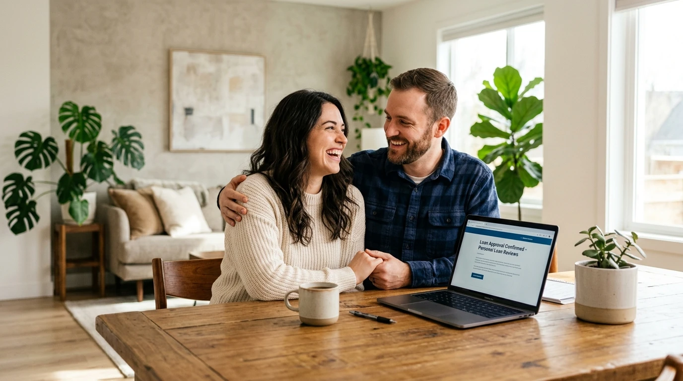 Enable Loans Reviews - Satisfied borrowers reviewing personal loan options on laptop at home
