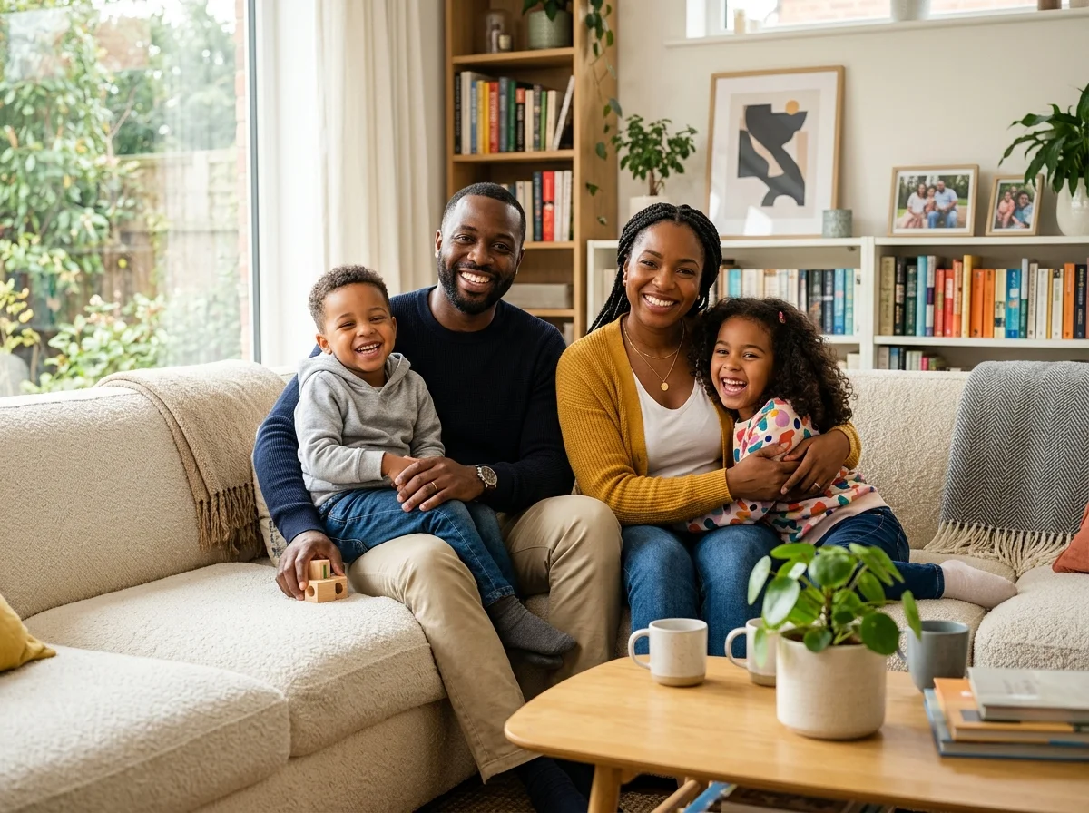 Enable Loans - Happy loving family smiling together in their sunny living room representing financial security and peace of mind